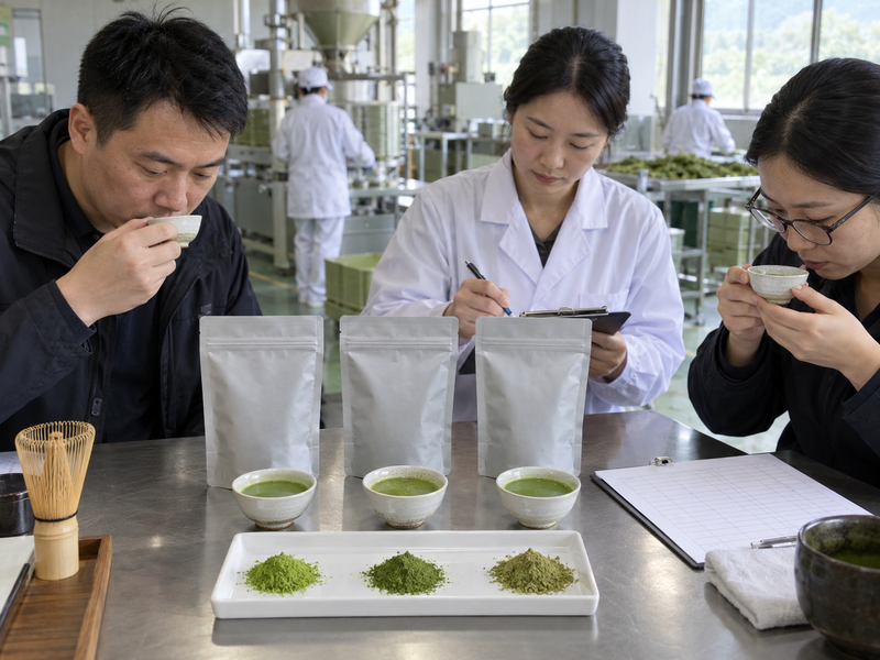 Matcha sourcing team comparing powder samples and prepared cups beside unbranded supplier pouches