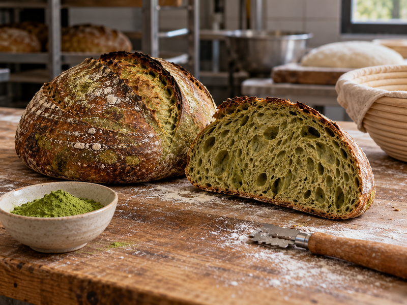 matcha sourdough commercial development sample in a mainland China pilot kitchen