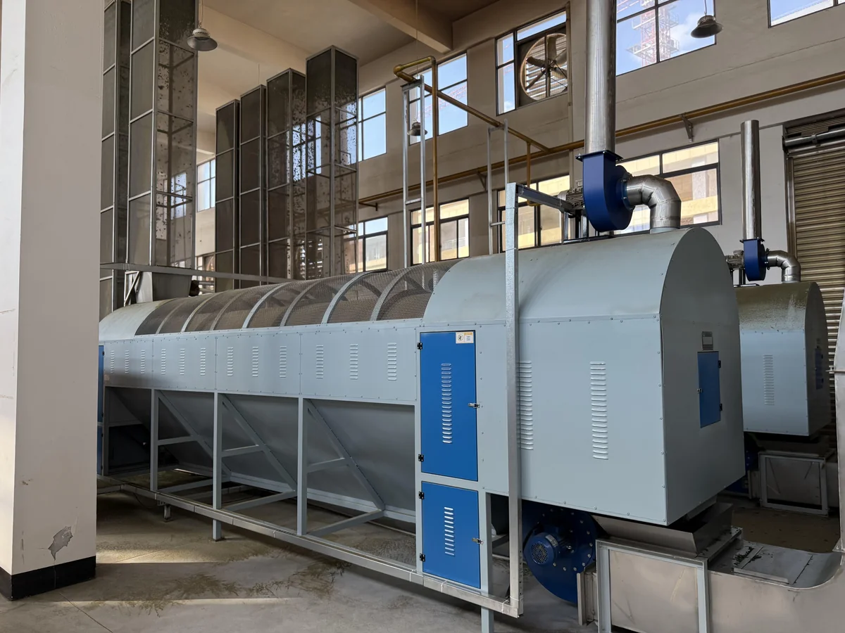 Industrial tea-leaf drying equipment inside a processing facility