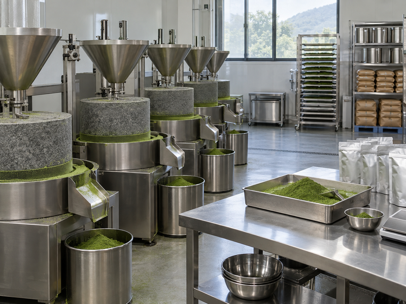 Matcha stone milling powder comparison on a clean tea processing bench