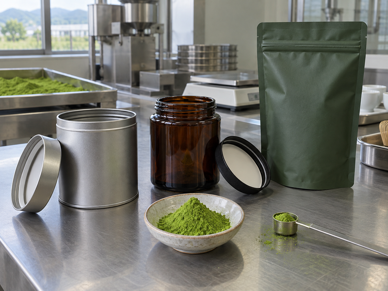 Matcha storage container options including a metal tin, amber jar, and opaque pouch beside green matcha powder