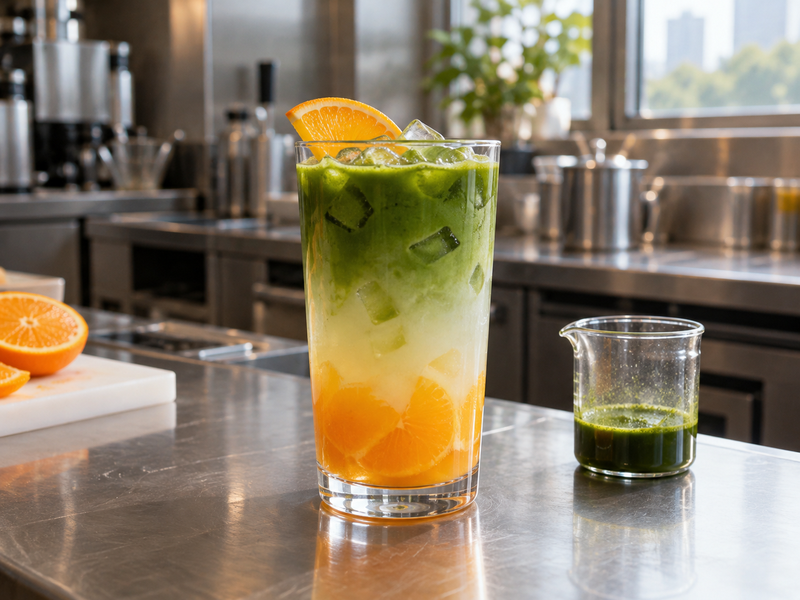 Layered orange and green matcha sunrise drink developed in a professional beverage kitchen