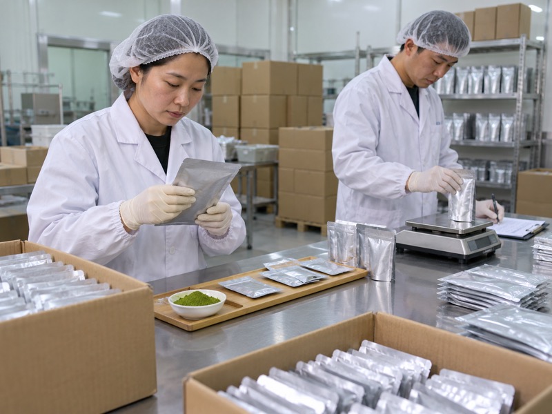 Chinese matcha factory staff weighing and checking sealed pouches for a Bahrain buyer