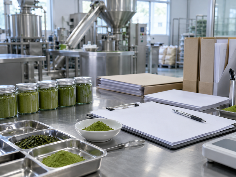 Matcha supplier certifications review desk with sample jars, quality forms, and matcha powder in a factory
