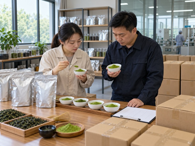 Chinese tea export staff comparing matcha samples and sealed pouches for a Dubai buyer