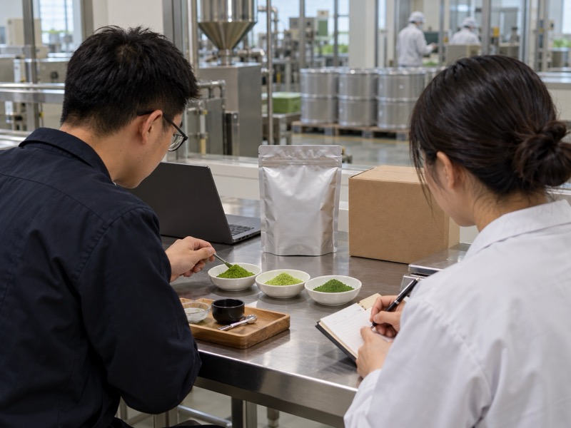 Chinese tea export quality team comparing matcha samples and a sealed pouch for an Indonesian buyer