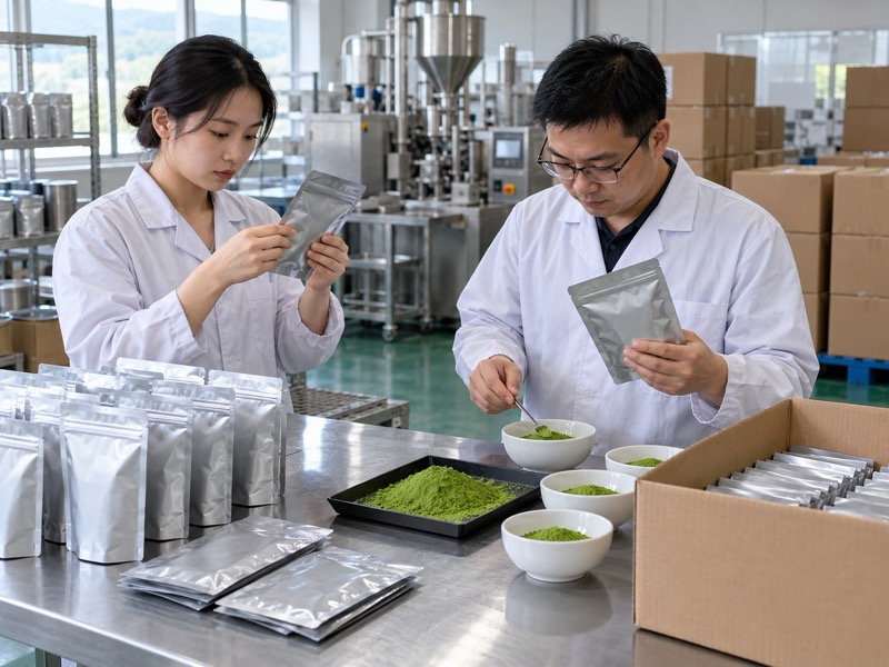 Chinese matcha export quality staff reviewing sealed pouches and tea samples for a Malaysian buyer