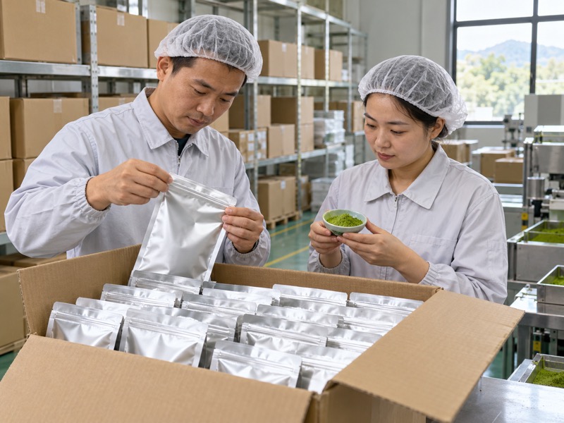 Chinese factory staff inspecting sealed matcha pouches in an export carton for an Oman buyer