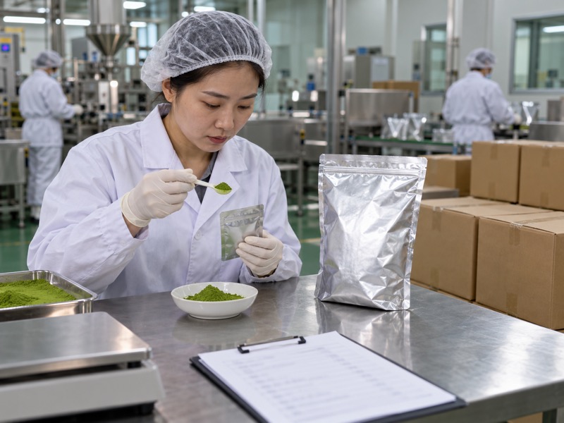 Chinese matcha quality inspector checking an export sample and sealed pouch for a Qatar buyer
