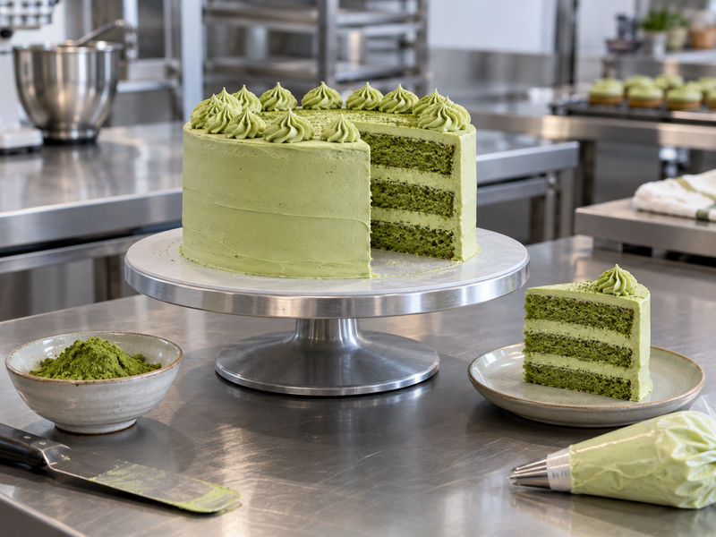 Matcha Swiss meringue buttercream cake and slice in a professional bakery kitchen