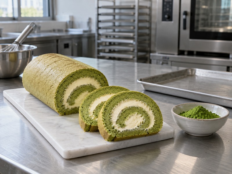 Sliced matcha Swiss roll on a mainland China bakery R&D bench