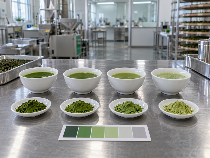 Matcha tasting bowls in a mainland China tea factory quality room