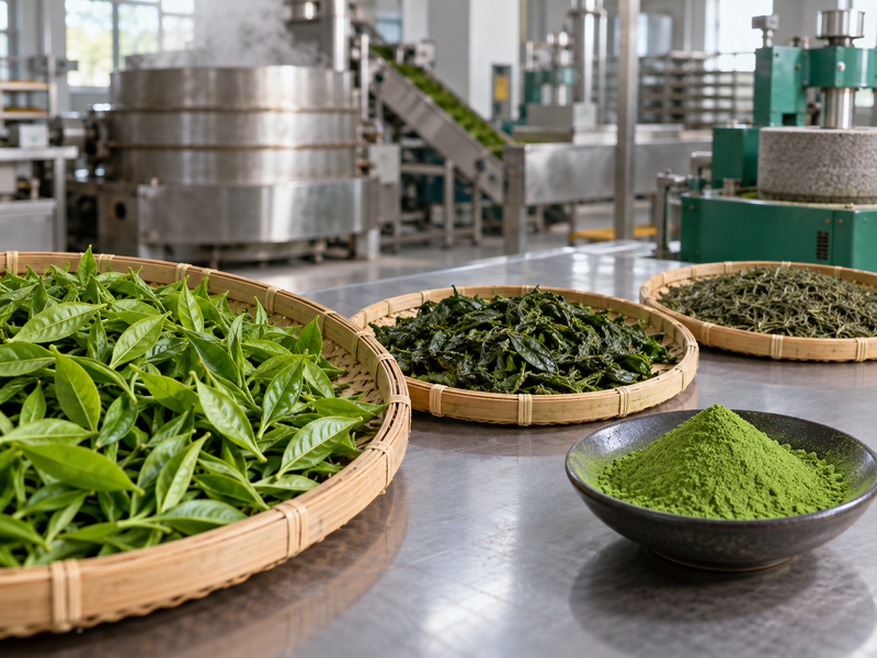 Matcha tea leaves and powder at a mainland China tea processing factory