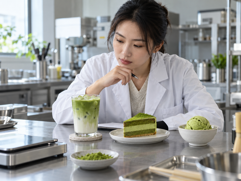 Mainland China product team evaluates matcha drinks and bakery samples on a commercial workbench
