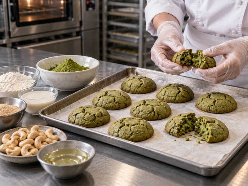 matcha vegan cookies commercial development sample in a mainland China pilot kitchen