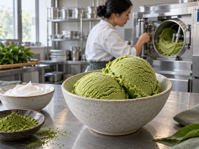 Matcha vegan ice cream pilot batch at a plant-based frozen dessert production station