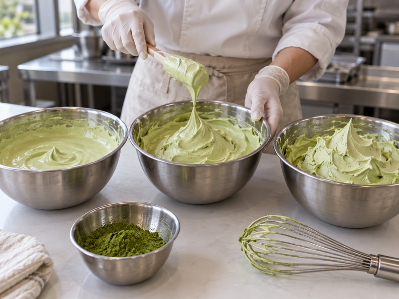 matcha whipping cream commercial development sample in a mainland China pilot kitchen