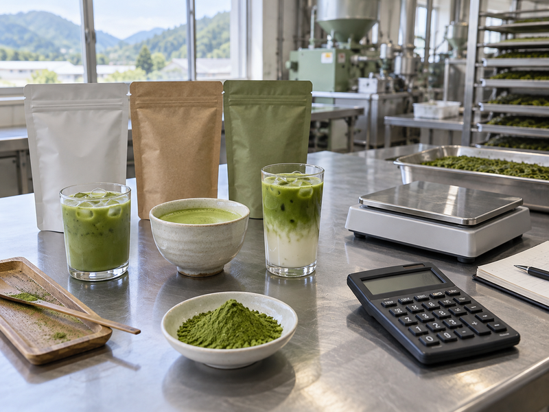 Matcha wholesale cost comparison with sample pouches, drinks, powder, scale, and calculator on a factory worktable