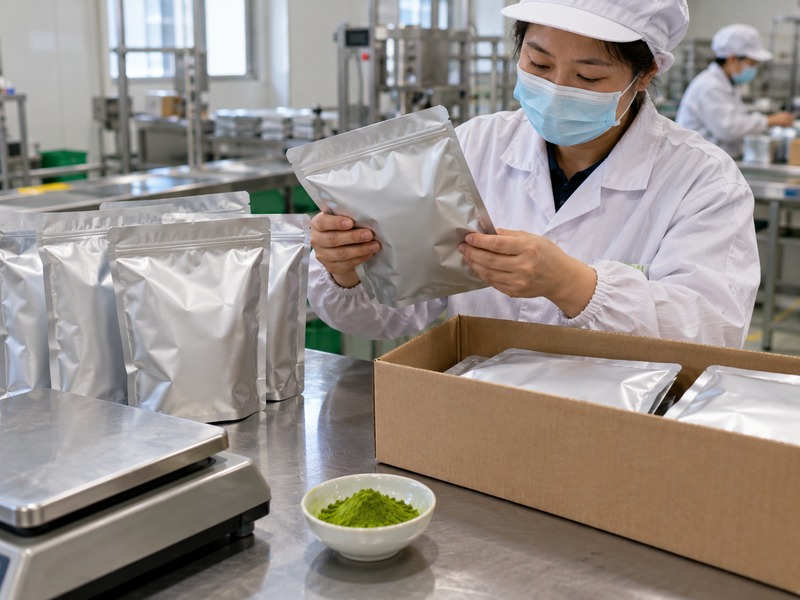 Chinese matcha packing worker inspecting sealed bulk pouches and a green powder sample for European wholesale buyers