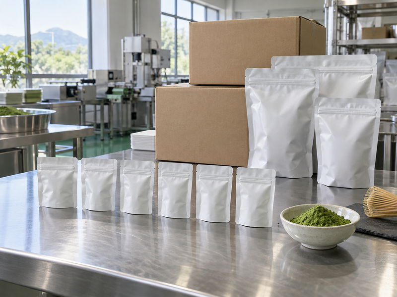 Matcha wholesale MOQ comparison with small pilot pouches and larger bulk packs in a factory