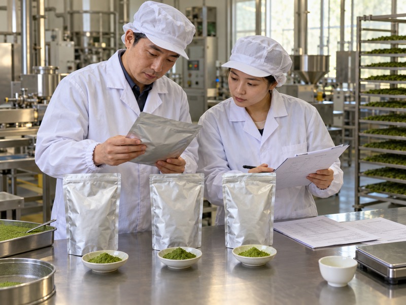 Chinese tea quality team comparing sealed matcha samples for a Saudi wholesale buyer