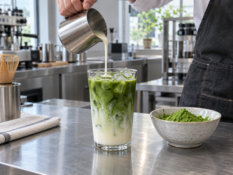 Matcha with condensed milk served beside matcha powder in a commercial café kitchen