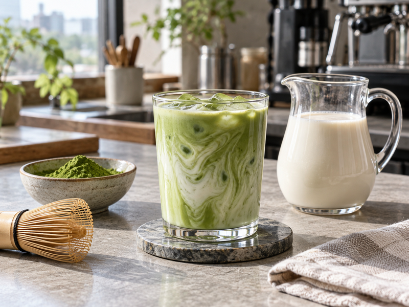 Iced matcha with creamer swirling through the drink beside matcha powder on a café counter