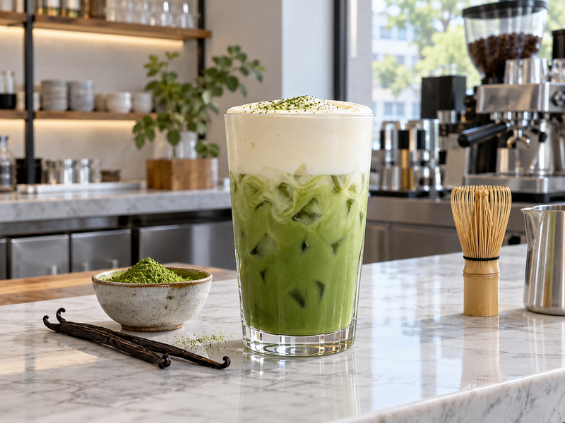 Iced matcha with vanilla cold foam in a clear café glass beside matcha powder and a whisk