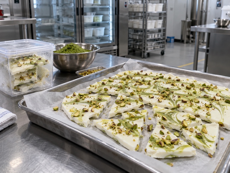 Matcha yogurt bark trial pieces in a mainland China product development kitchen