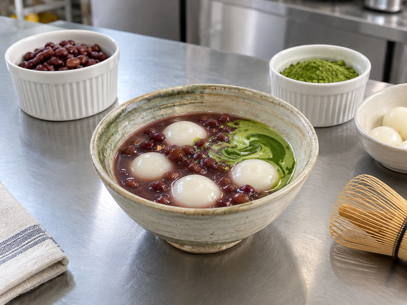 Bowl of matcha zenzai with sweet azuki beans and white shiratama dumplings on a pastry counter