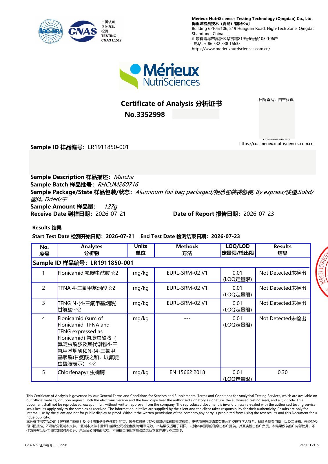 pesticide residue test report first page