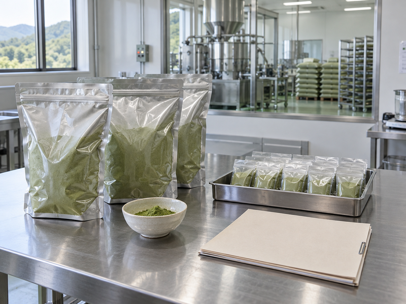 Organic wholesale matcha sampling setup with sealed bulk pouches and retained tea samples in a factory
