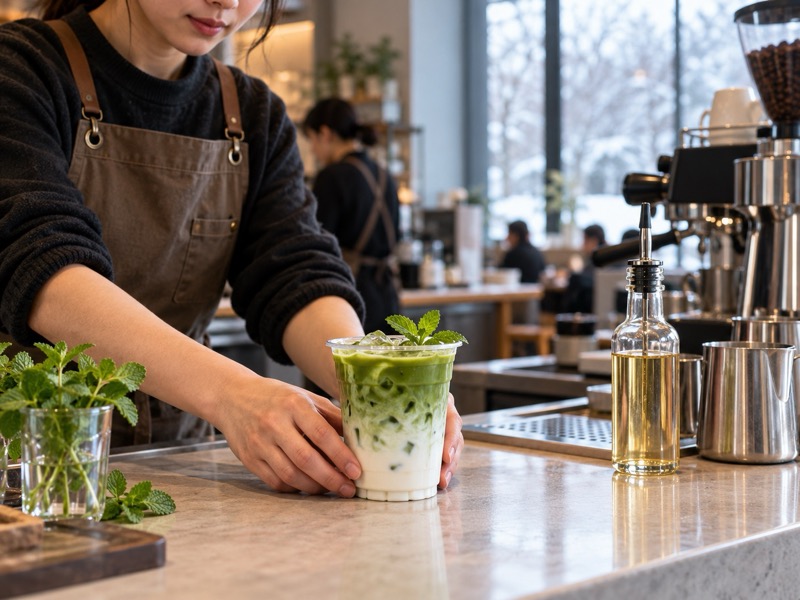 Iced peppermint matcha latte prepared at a Chinese café bar