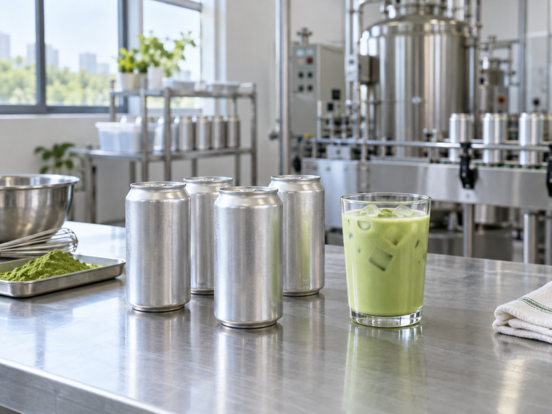 Unlabeled cans of premade matcha latte prototypes on a beverage pilot bench