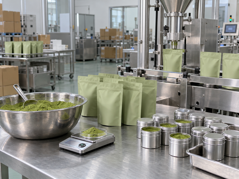 Private label matcha manufacturers packing plain tins and pouches on a pilot line