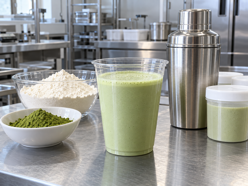 Protein matcha beverage test on a mainland China pilot kitchen bench