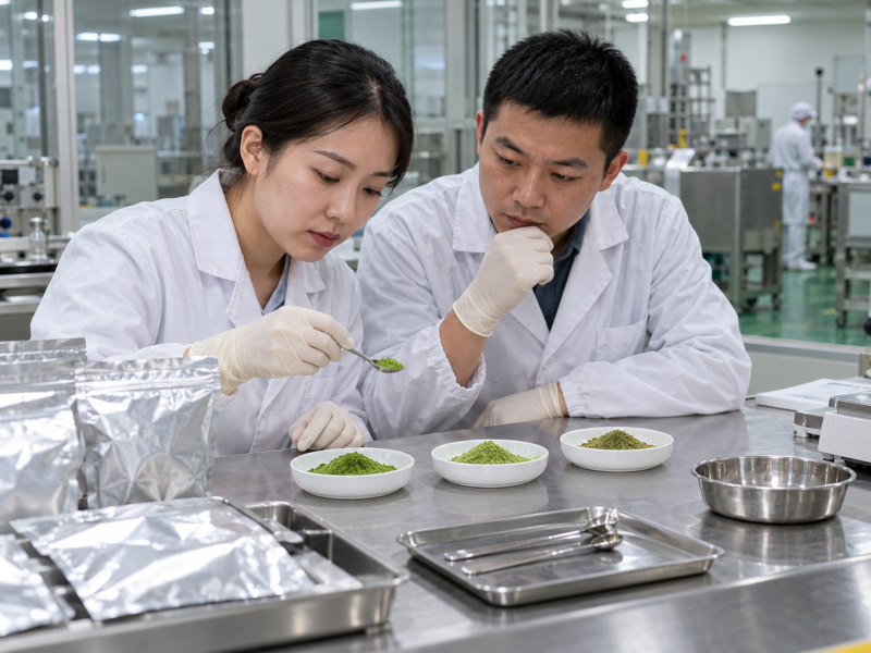 Quality team comparing pure matcha powder samples in a mainland China factory lab