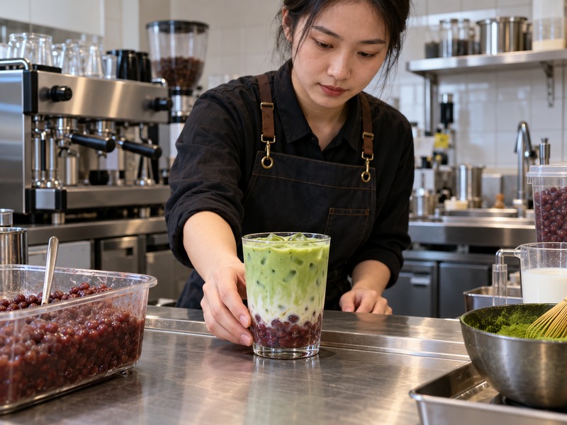 Barista assembling a red bean matcha latte with a measured anko layer