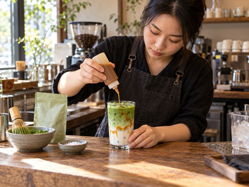 Chinese café barista adding a measured caramel ribbon to an iced matcha latte