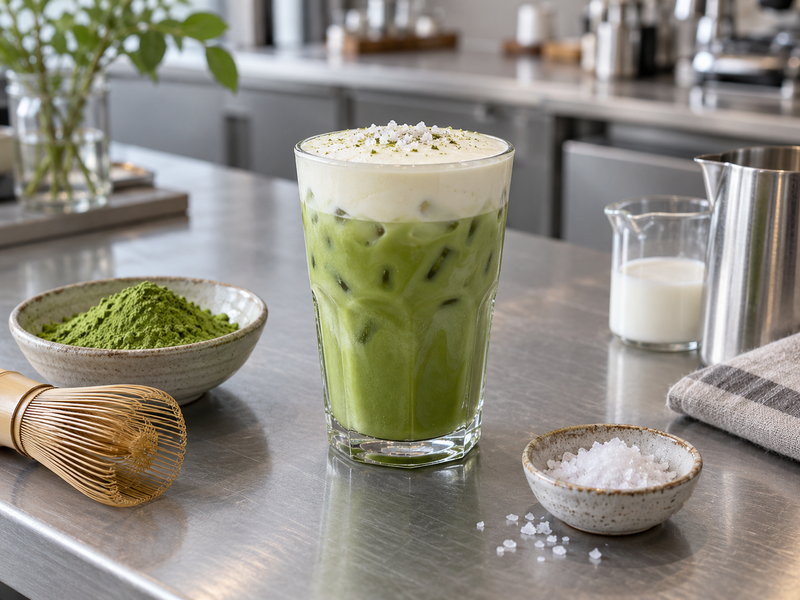 Sea salt matcha latte with a measured salt dish and matcha powder on a cafe counter