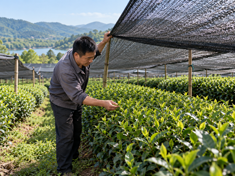 Adult tea grower inspecting shaded tea plants in a mainland China tea garden