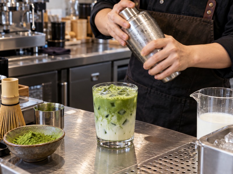 Barista shaking a matcha latte at a Chinese café beverage station