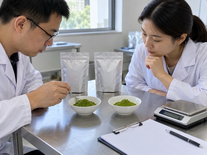 Chinese mainland quality team comparing two unbranded matcha powder samples