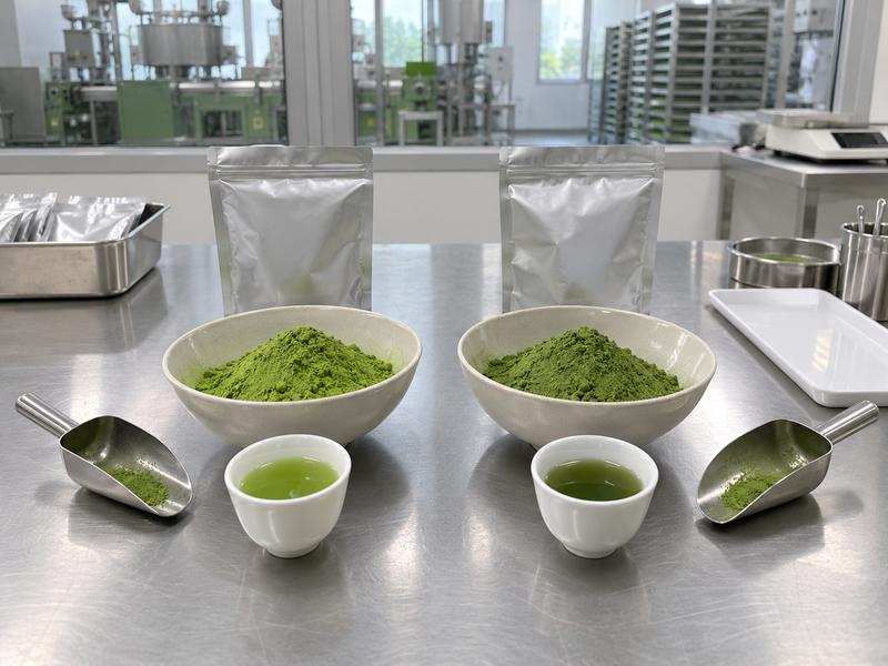 Single origin matcha lot samples compared with brewed tea cups in a factory sampling room