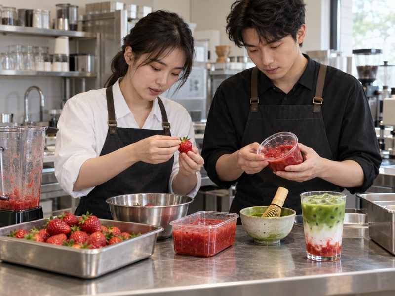 Chinese cafe staff reviewing fresh strawberries and red puree beside a layered matcha latte