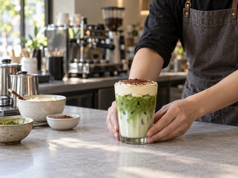 Iced tiramisu matcha latte with cream cap at a Chinese café