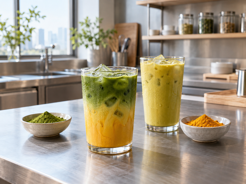Two iced turmeric matcha drinks and ingredient samples in a beverage development kitchen