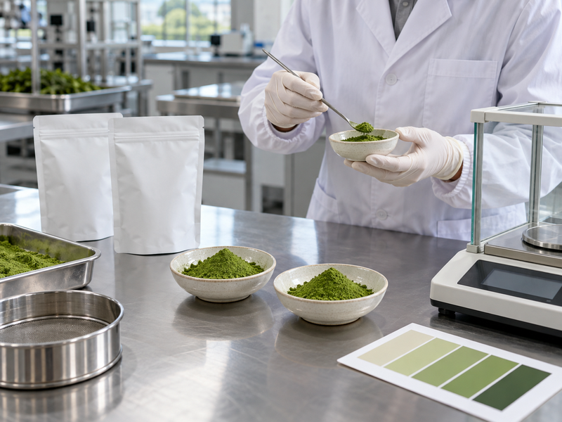 unsweetened matcha powder commercial development sample in a mainland China pilot kitchen
