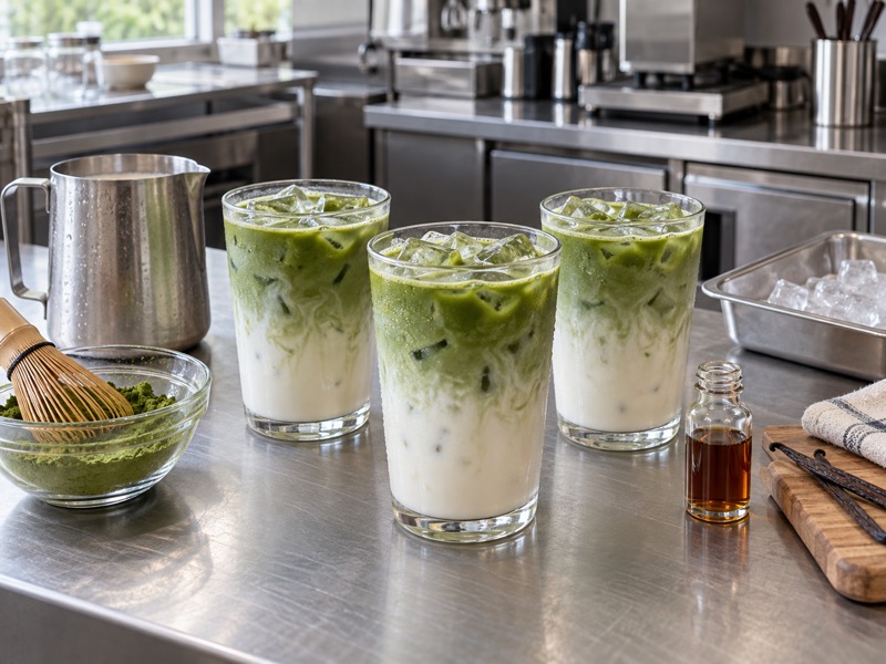 Iced vanilla matcha latte samples in a mainland China beverage R&D kitchen