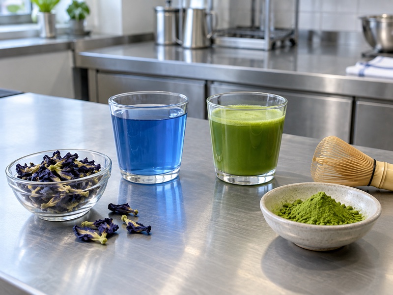 Blue butterfly pea drink and green matcha in a Chinese beverage development kitchen